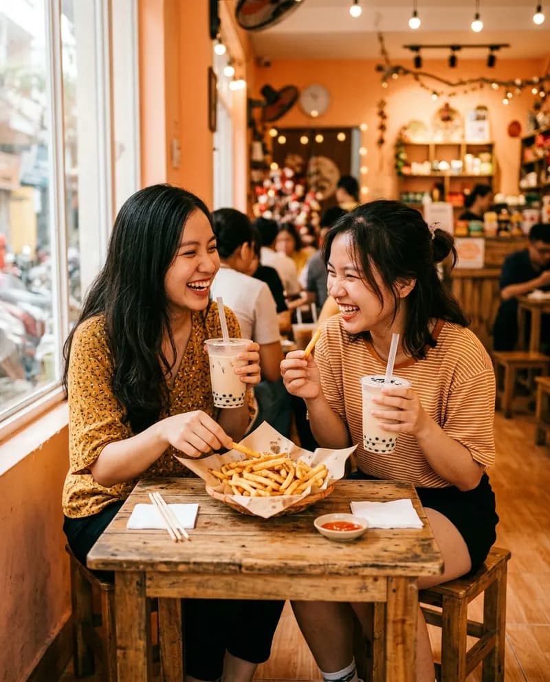 Hai bạn trẻ ăn khoai tây chiên tại quán