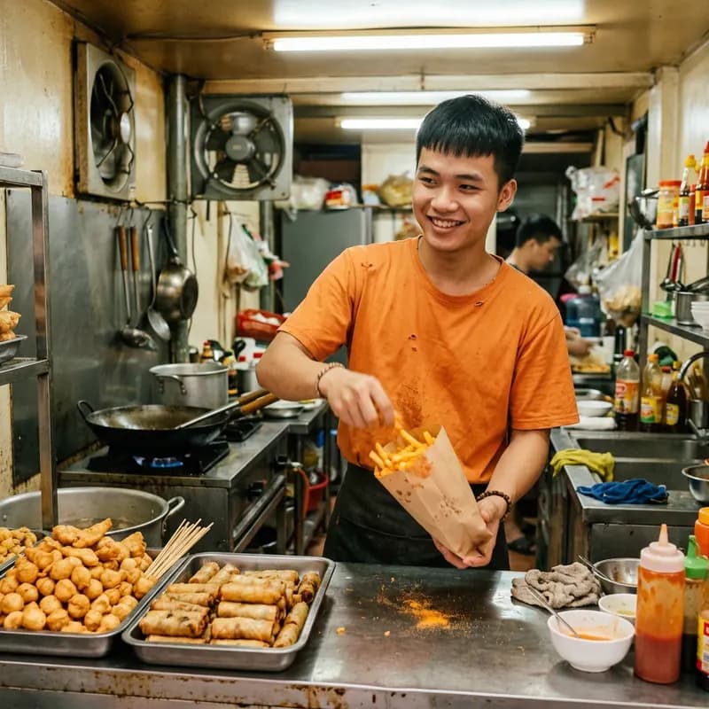 Nhân viên chiên đồ ăn vặt trong bếp