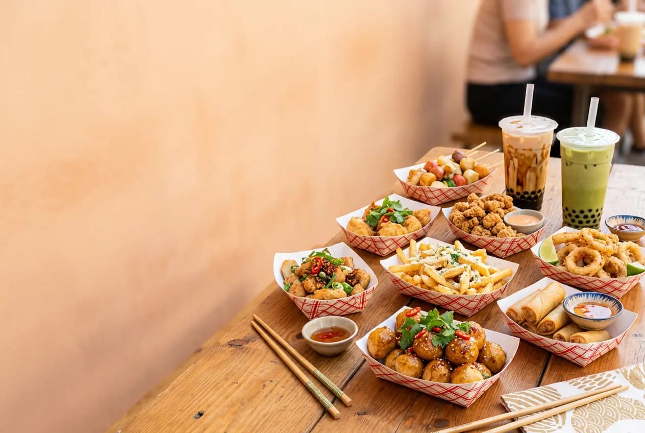 Bàn đầy đồ ăn vặt và trà sữa