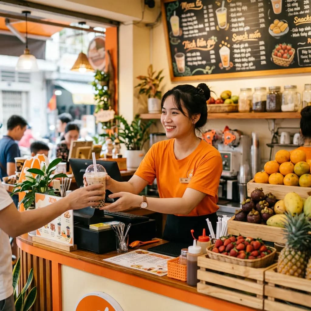 Nhân viên SusaSushi đưa ly trà sữa cho khách