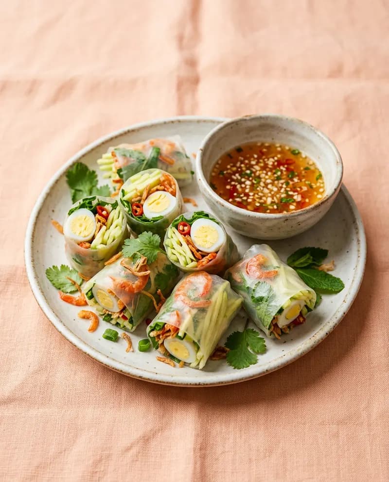 Đĩa bánh tráng cuốn và chén nước chấm