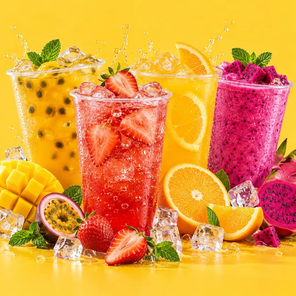 Các ly trà trái cây, nước ép và sinh tố