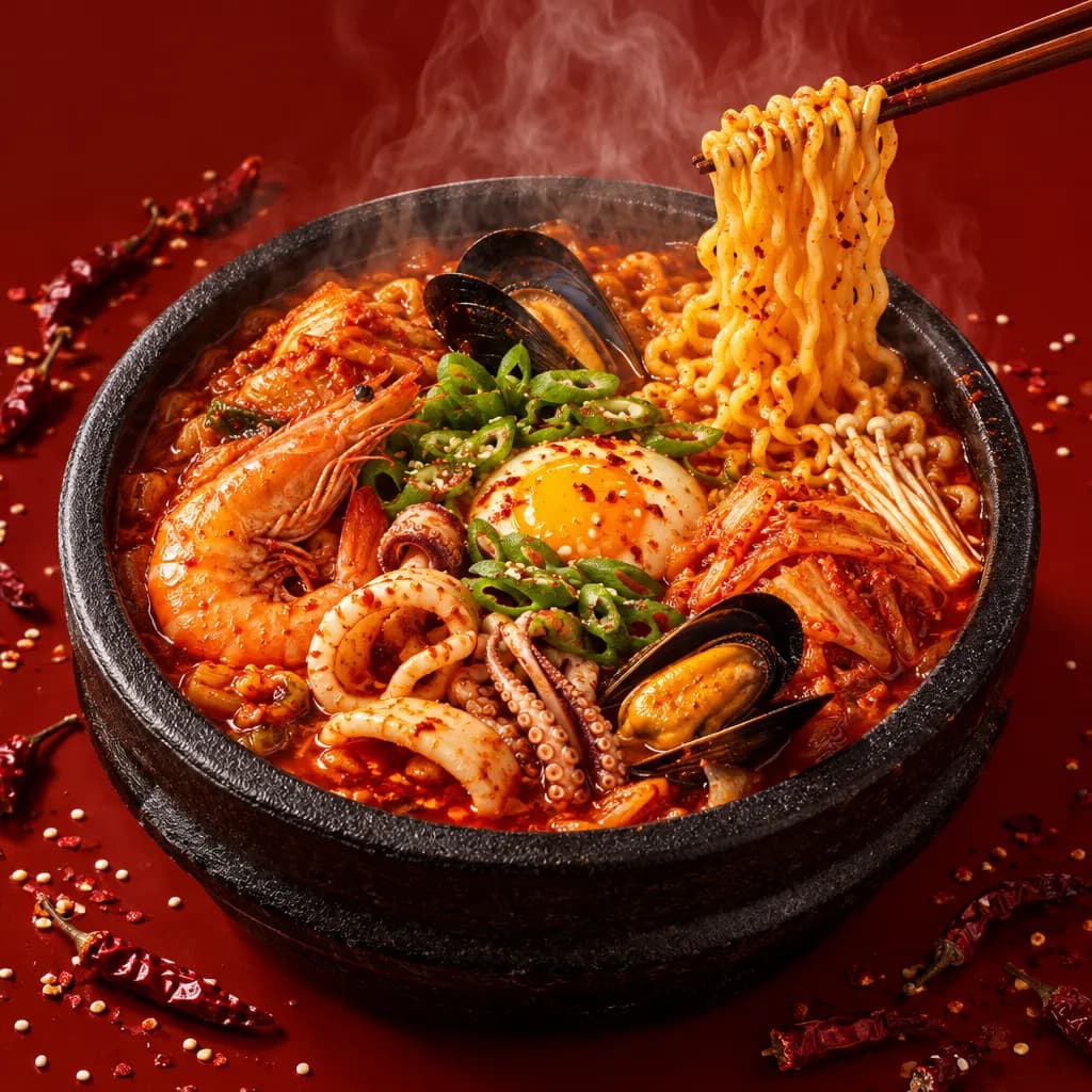 Nồi mì cay kim chi hải sản với tôm, mực, trứng và nấm kim châm